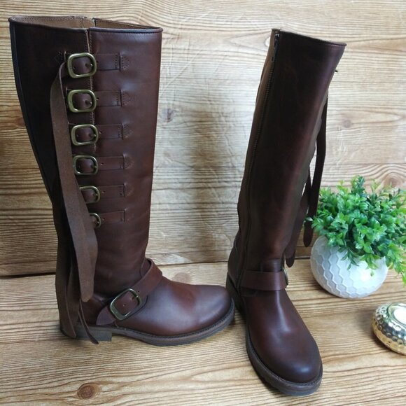 FRYE VERONICA Women Strap Tall Brown leather Boots size 6 Western Boho Moto - Picture 2 of 16